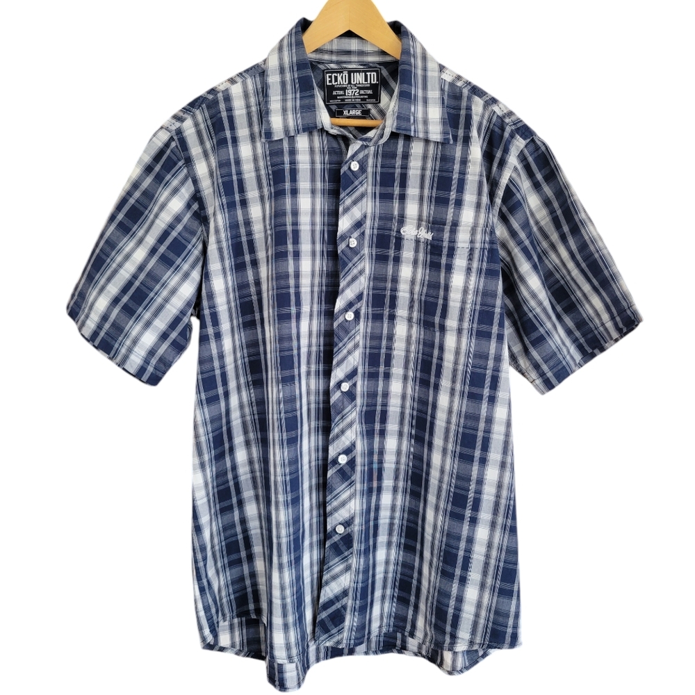 Ecko Unlimited Button Down Shirt Mens XL Blue White Plaid Short Sleeve Y2K